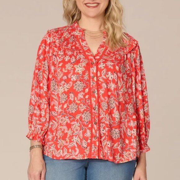 Democracy Poppy Red Multi Print 3/4 Sleeve Button Down Women's Top Size 2X - Picture 3 of 16